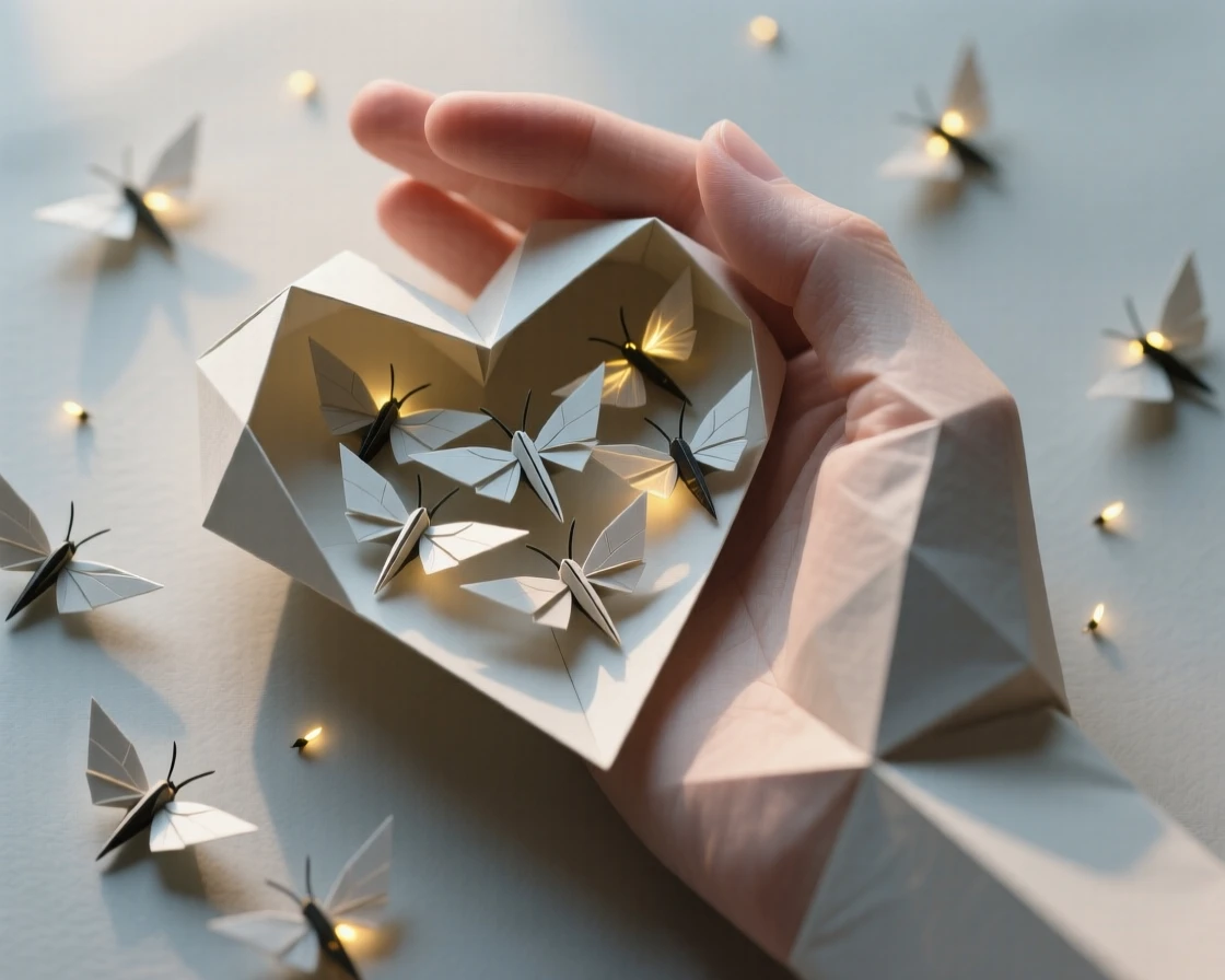 A hand cupped around fireflies that rearrange themselves into the shape of a heart.