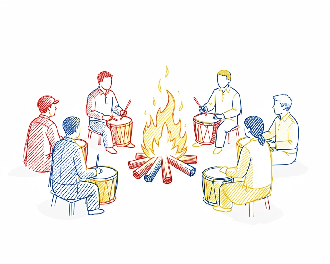 A traditional drum circle gathered around a crackling bonfire at night
