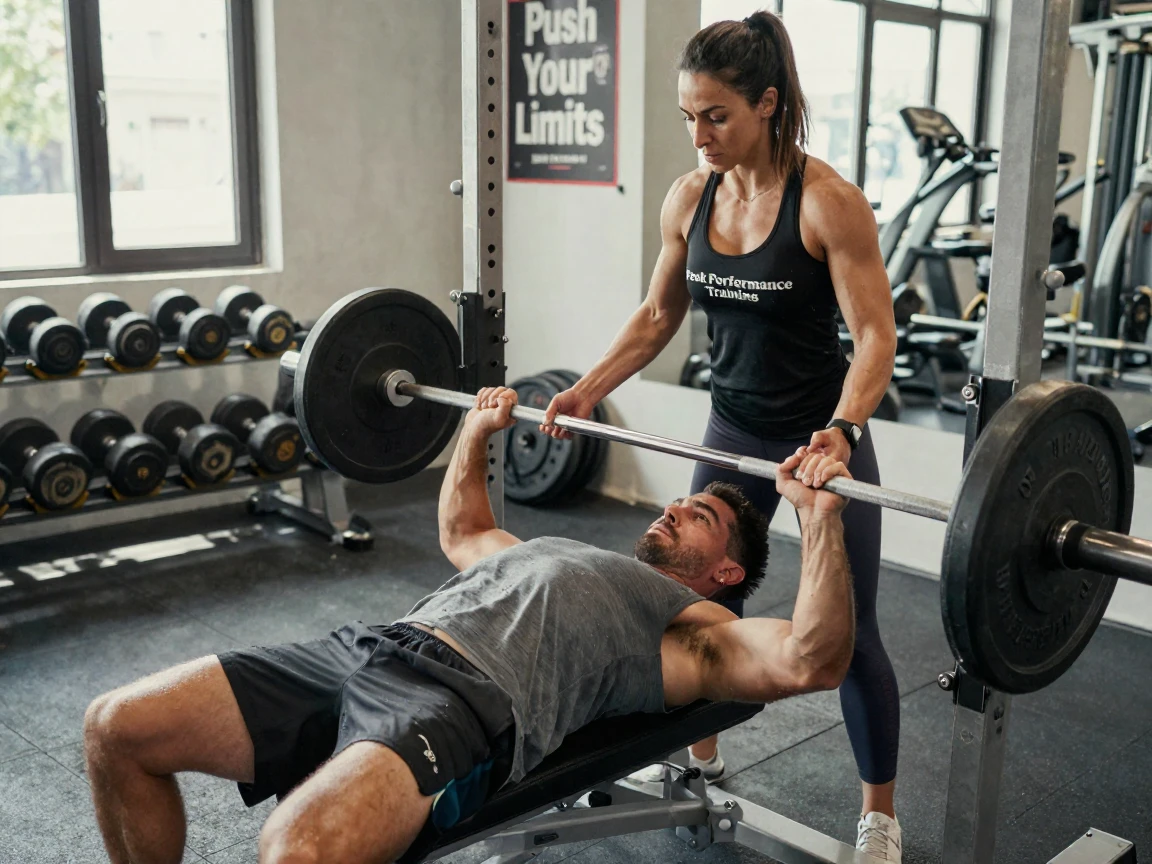 A personal trainer spotting a client during a bench press
