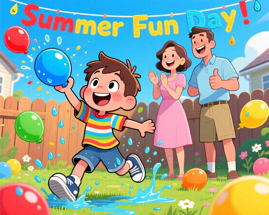 A playful childhood moment of a little boy having a good-natured water balloon fight, as parents cheer proudly nearby.