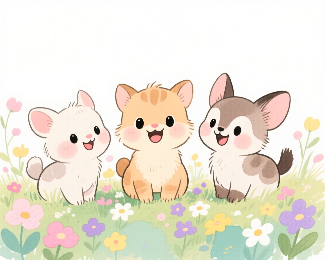 A charming seasonal scene of a spring meadow filled with baby animals and blooming flowers