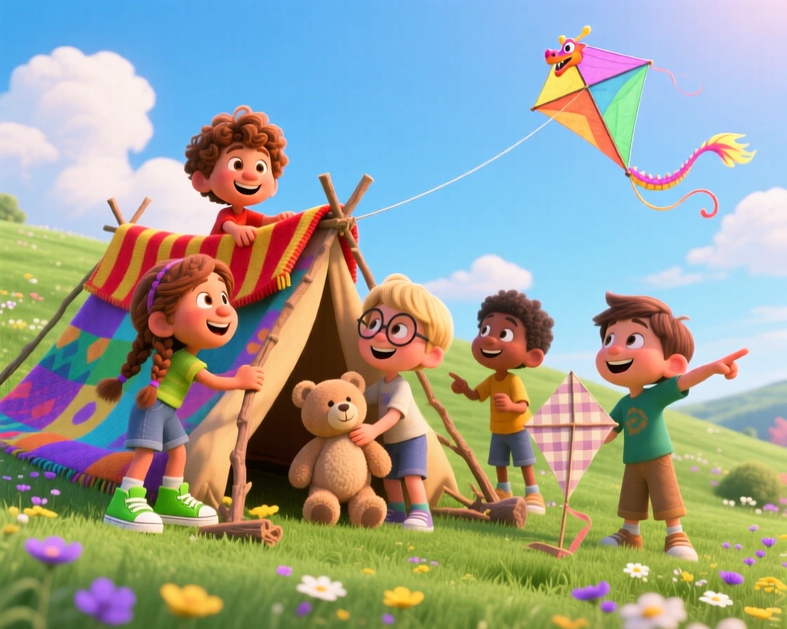 A group of kids building a blanket fort takes place on a grassy hill perfect for kite flying, with a stuffed animal tucked under one arm. A carefree, adventurous energy fills the scene.