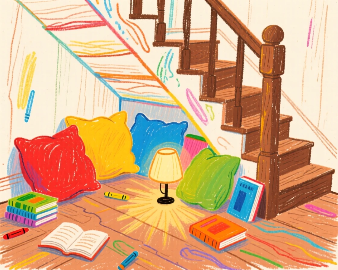 A cozy reading nook tucked beneath a staircase filled with pillows.