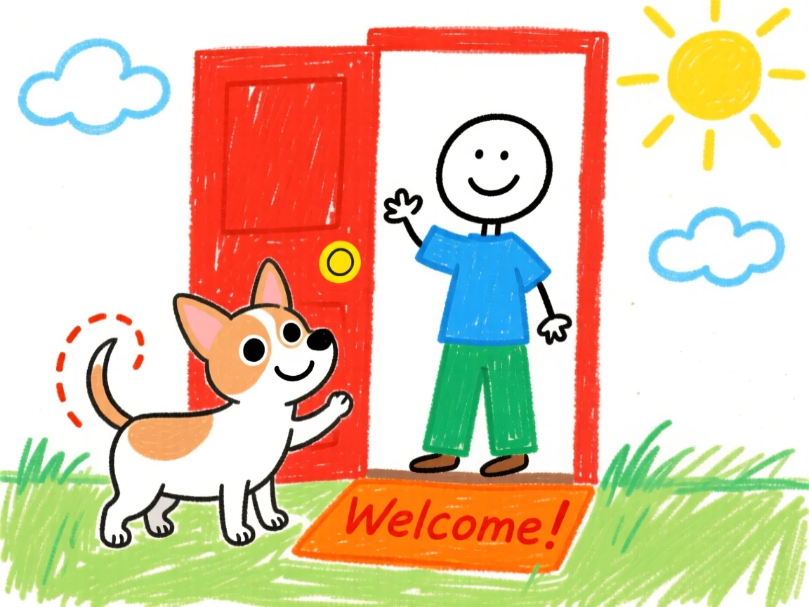 A tiny chihuahua greeting its owner at the front door with a wagging tail.