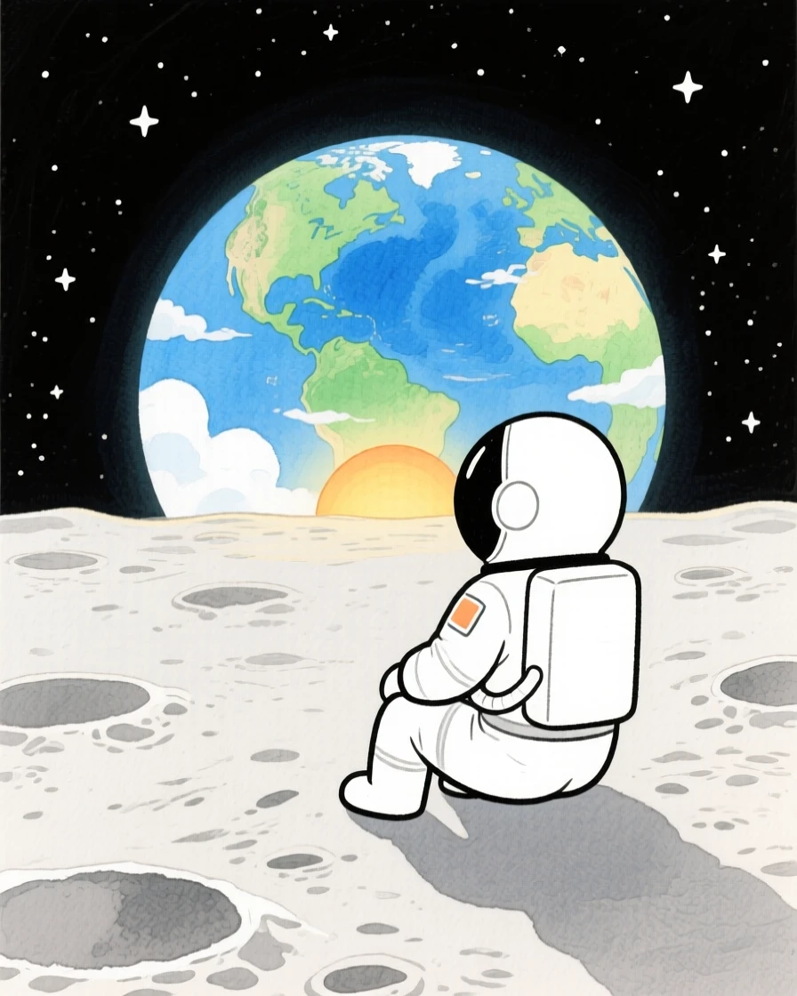 An imaginative scene of an astronaut watching Earth rise over the lunar horizon.