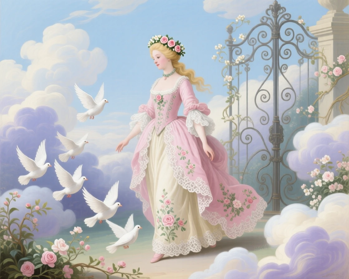 A princess leading a procession of white doves through a cloud garden  