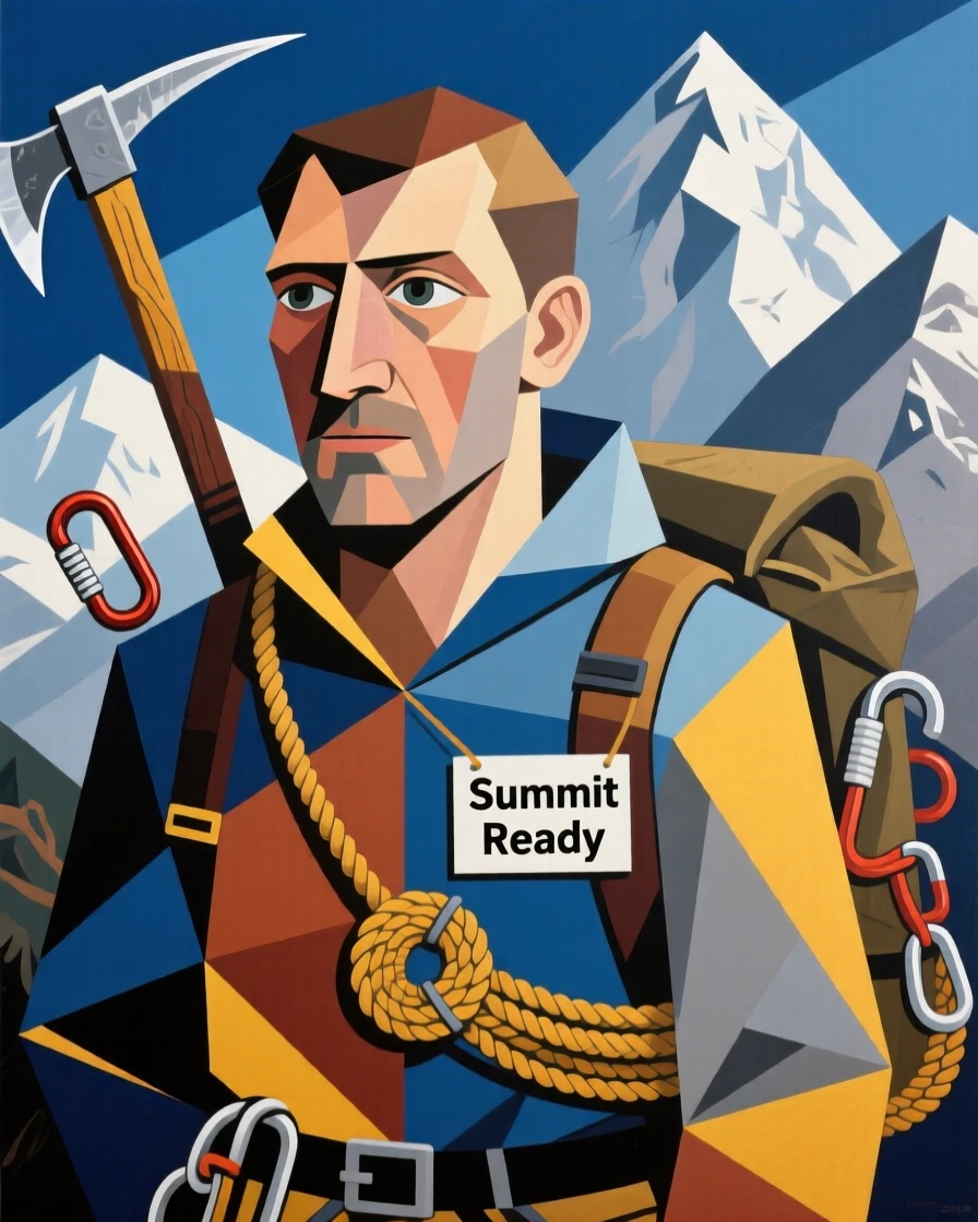 A medium shot portrait of a mountain guide surrounded by the tools of the trade, focused and content in the craft.