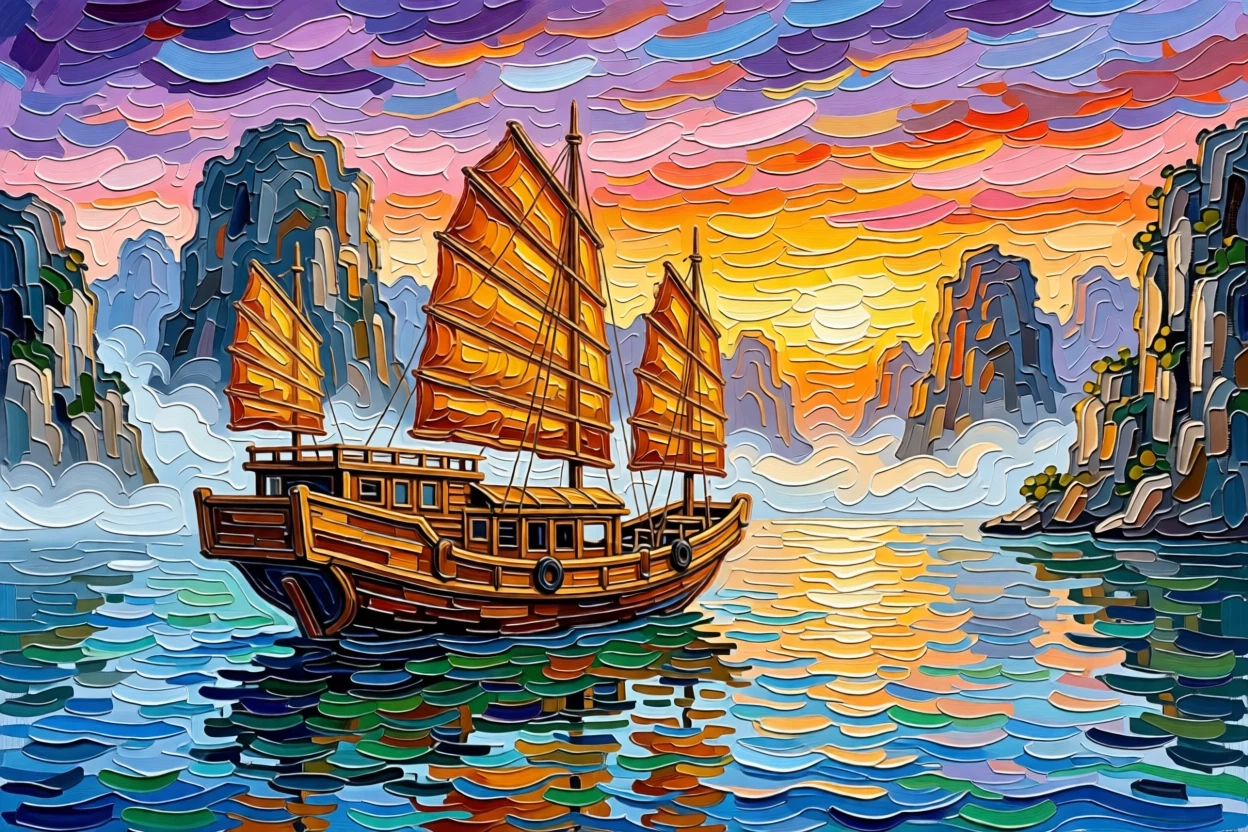 A traditional wooden fishing junk sailing across Halong Bay at sunrise, limestone islands rising from the mist