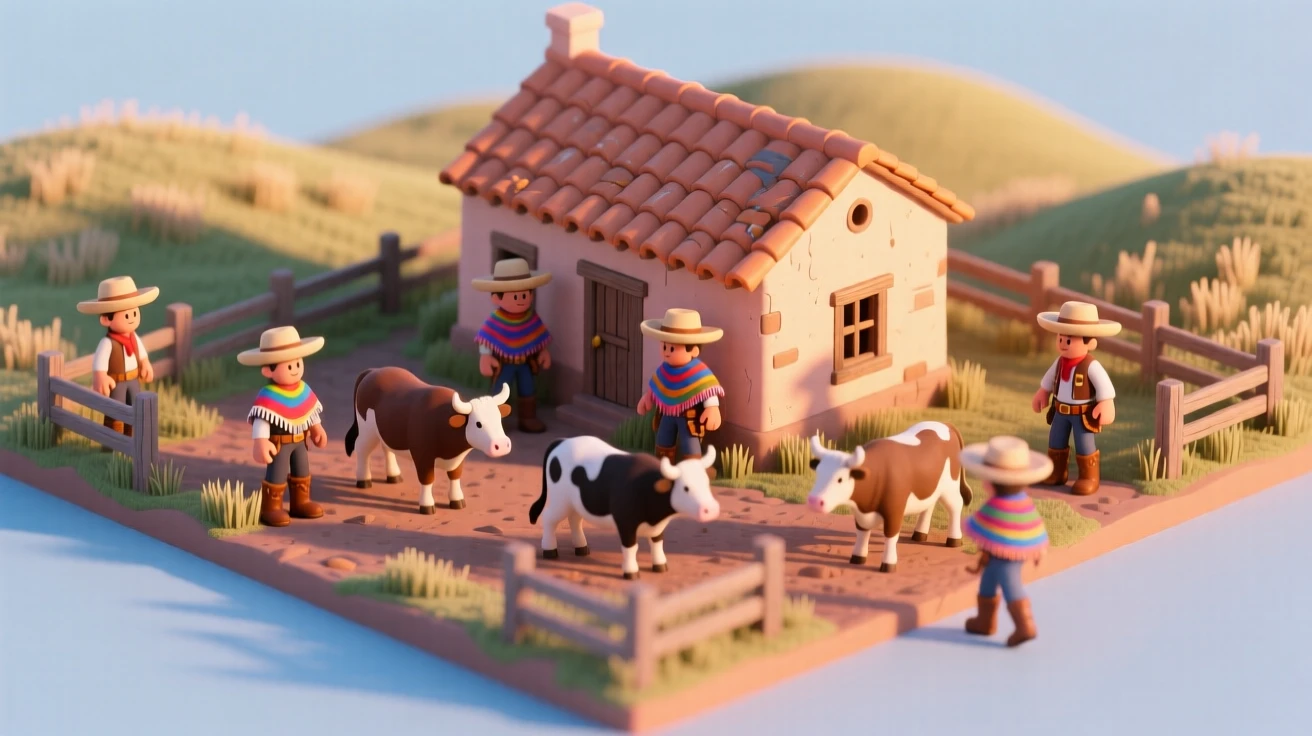 A colonial Argentine estancia ranch with gauchos herding cattle across the pampas, a farmhouse glowing at sunset.
