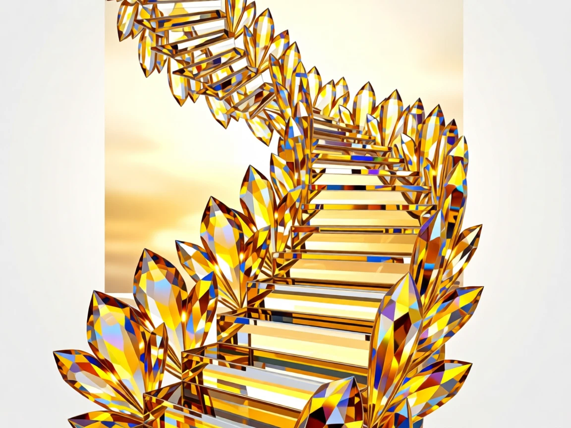 A dreamlike staircase of golden leaves ascending into a glowing autumn sky.