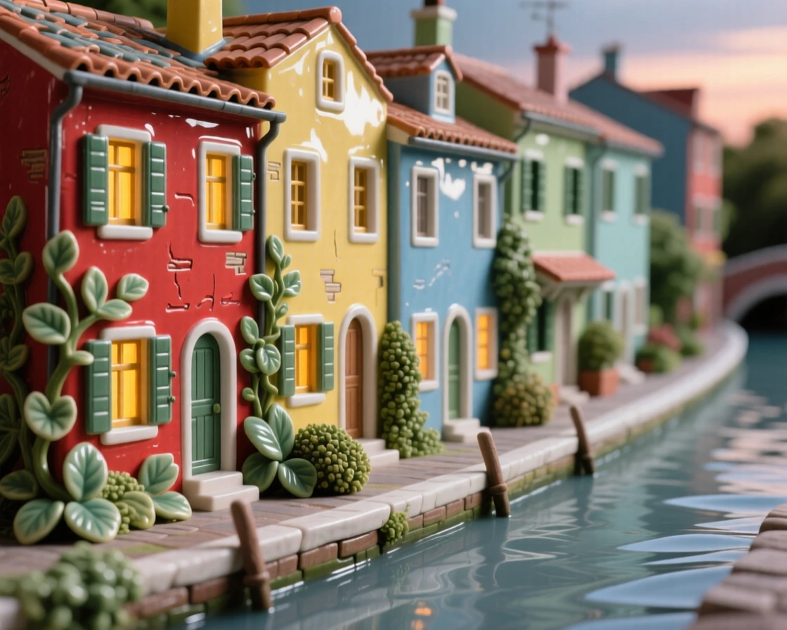 A row of colorful canal-side houses nestled peacefully amid lush greenery, its windows glowing warmly from within, radiating peaceful, storybook charm.