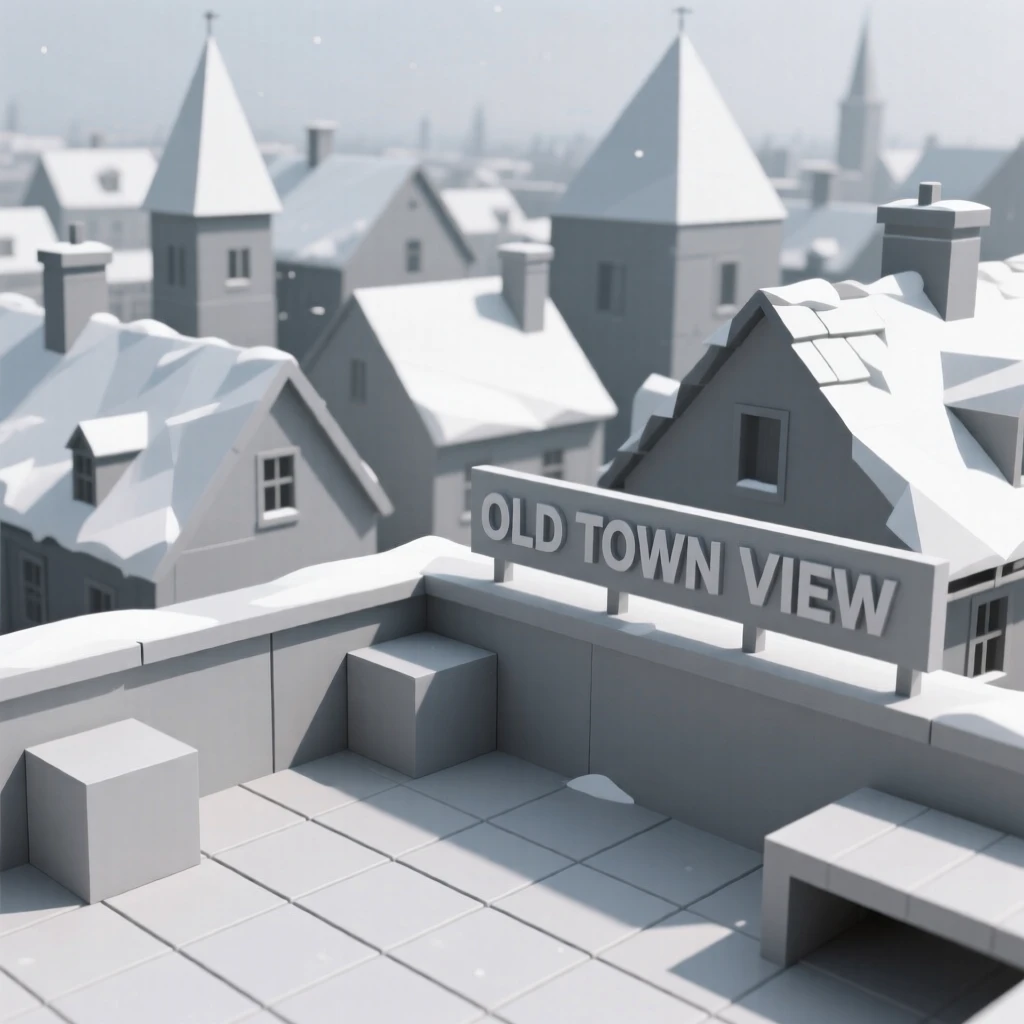 A vibrant rooftop terrace overlooking a historic old town, dusted lightly with fresh snow. the composition highlights layered rooftops and textures. It captures a feeling of quiet discovery.