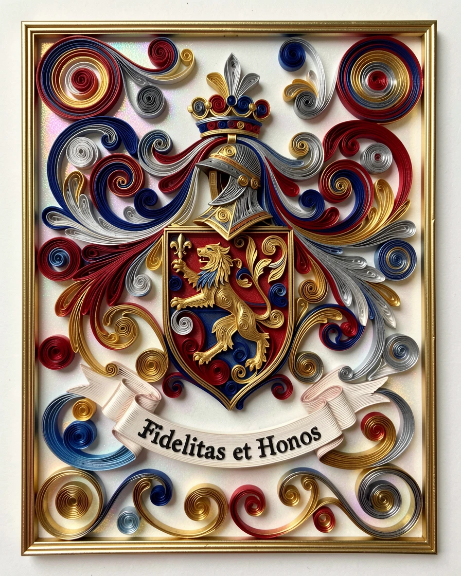 An elegant design featuring a decorative coat of arms with heraldic symbols, spiraling outward in a hypnotic rhythm, with a subtle iridescent shimmer, framed by a thin gold border.