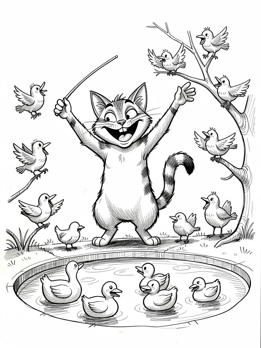 A cat conducting an orchestra of birds singing beside a duck pond in the park.