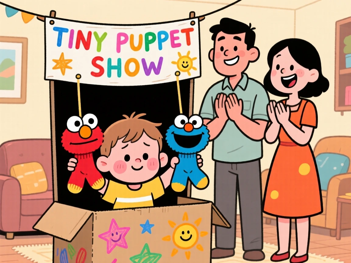 A playful childhood moment of a shy toddler putting on a homemade puppet show, as parents cheer proudly nearby.