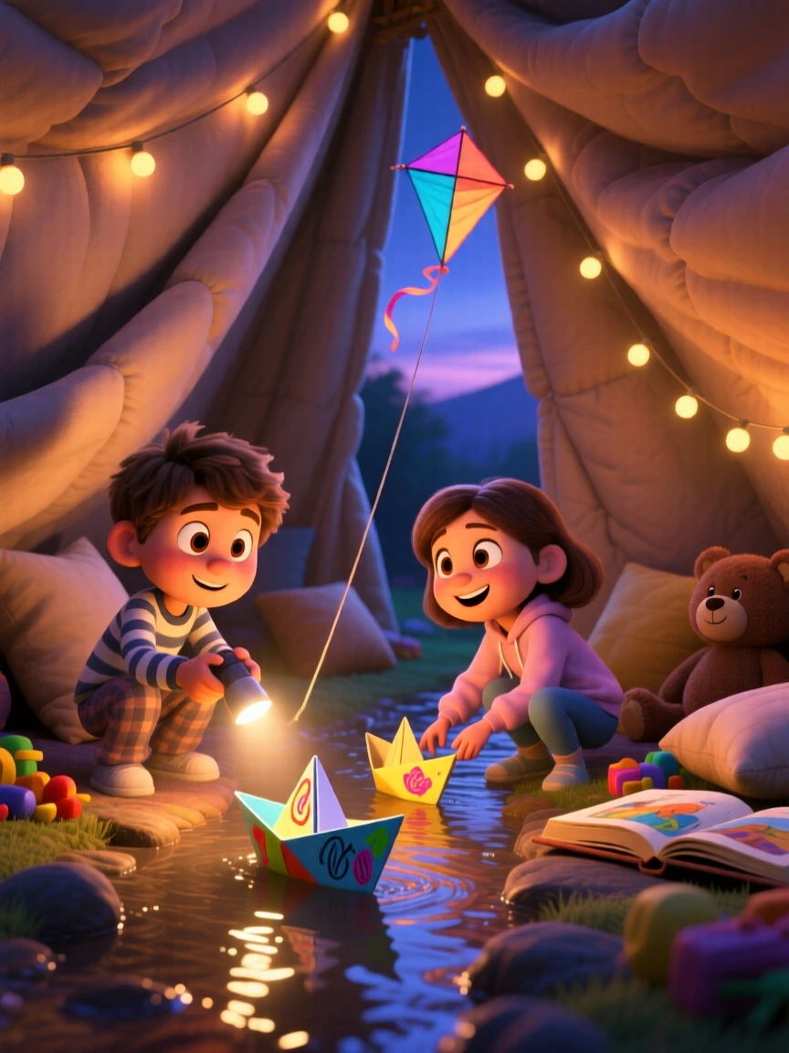 Two children racing paper boats down a stream takes place inside a blanket fort glowing with a flashlight, with a kite string trailing off into the sky. The scene bursts with childhood wonder and delight.