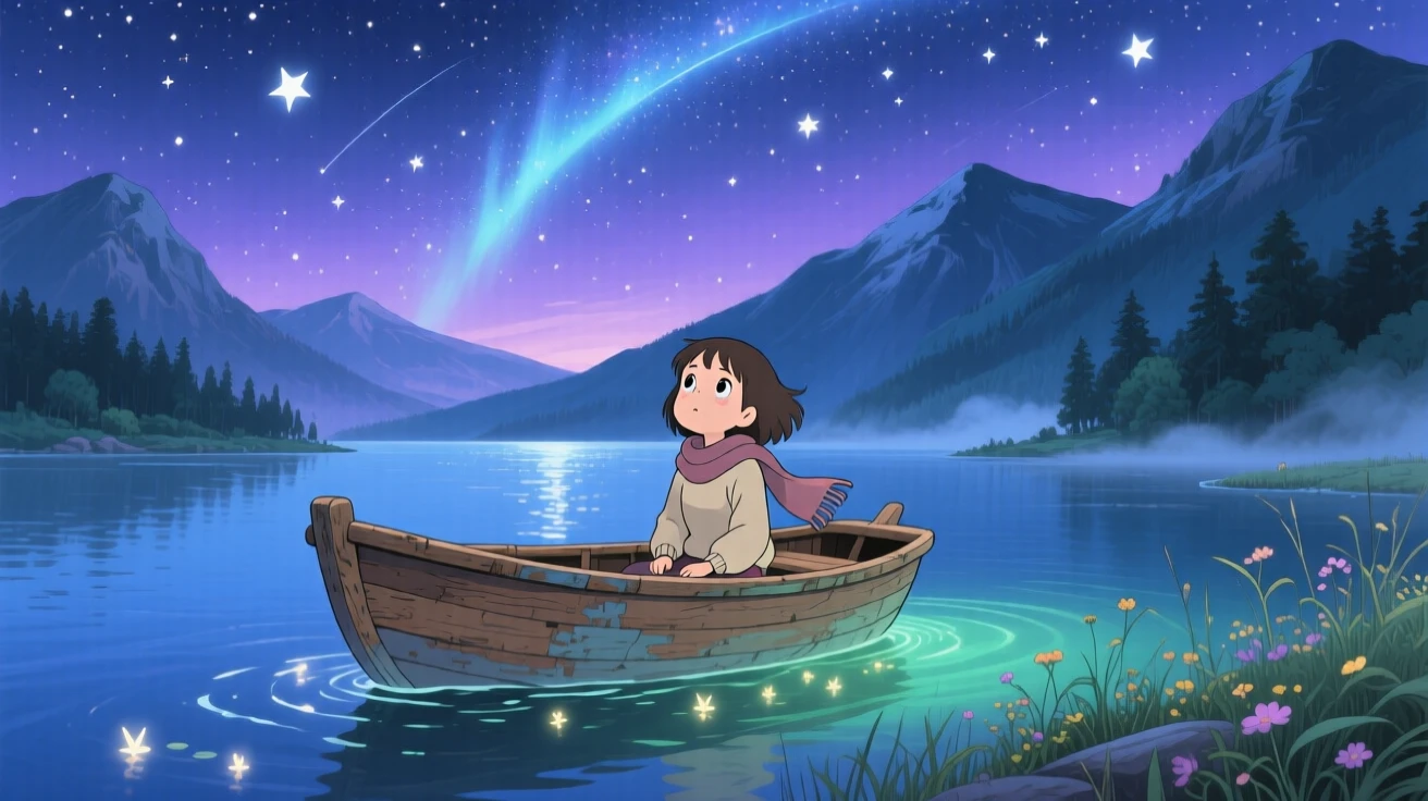 A stunning view of a starry night sky arching over a silent mountain lake, viewed from a small boat bobbing on the water.