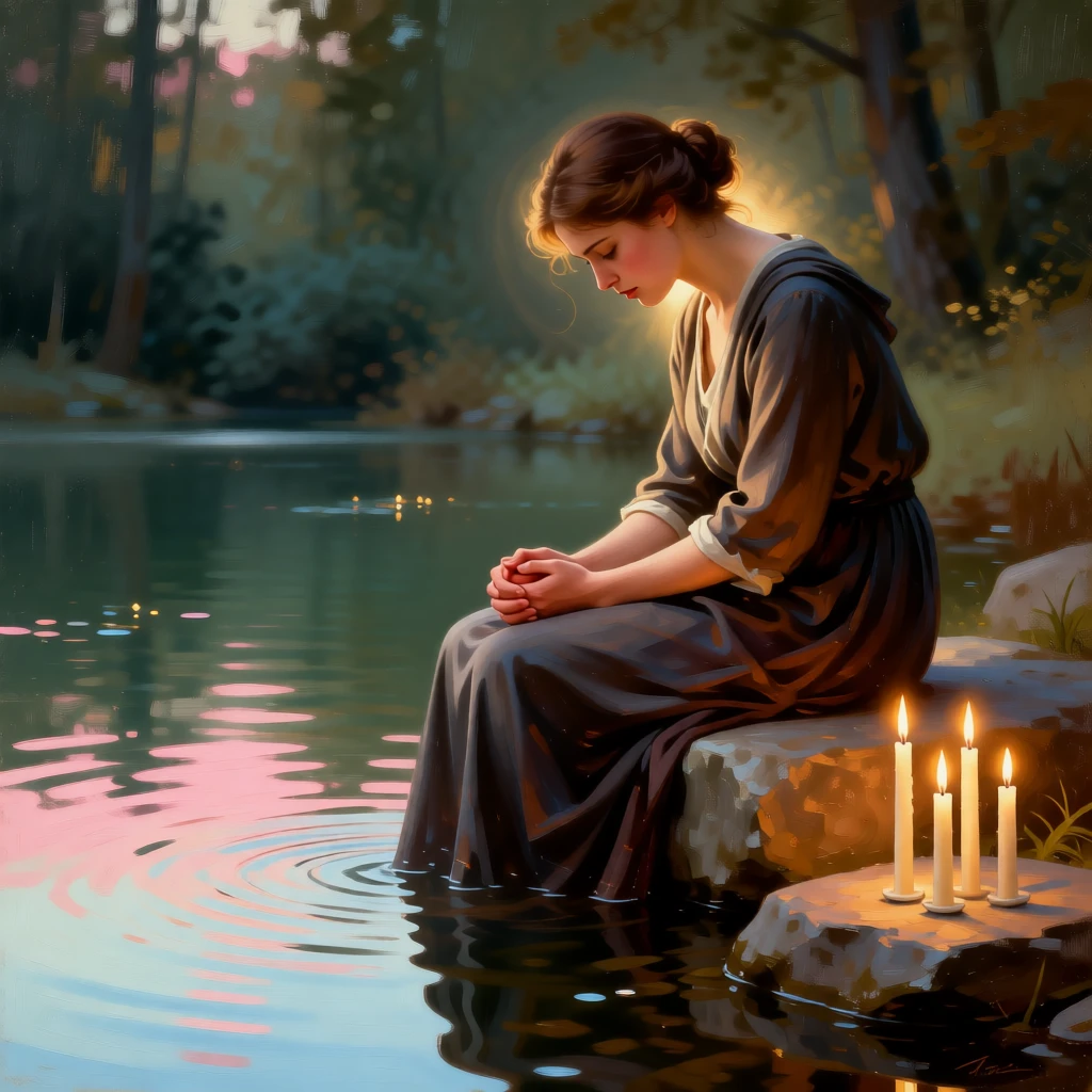 A grieving figure finding solace in a quiet moment of prayer in an instant of grace touching the ordinary world, set beside a sacred spring reflecting the morning sky, with candles flickering steadily despite an unseen breeze; the composition places the central figure within a halo of natural light, suggesting the enduring comfort of belief and community.