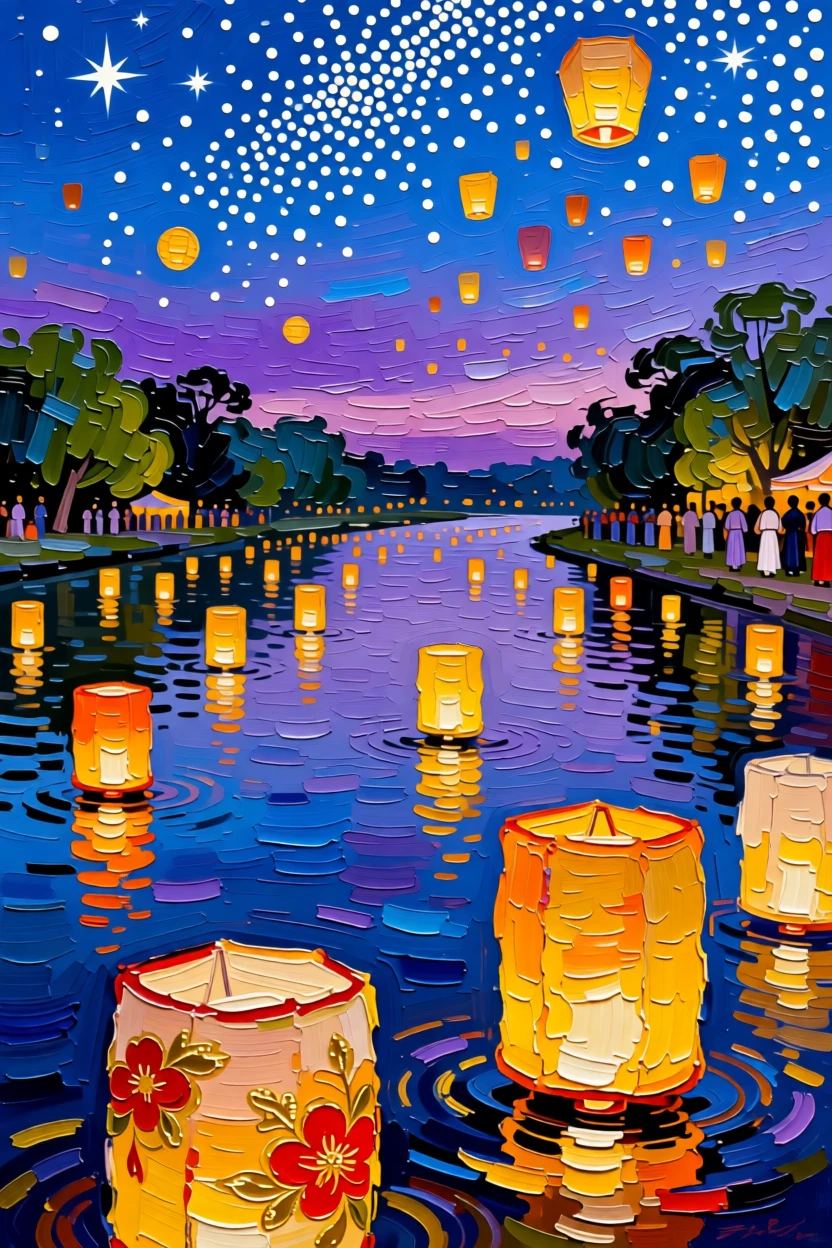 A field of glowing paper lanterns released over a calm river during a summer festival