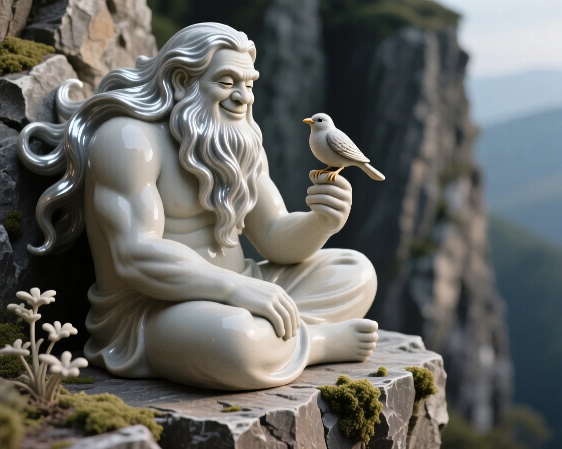 A benevolent giant cradling a small bird perched watchfully at the edge of a cliff, with a mane that flows like liquid silver, radiating noble power tempered with gentleness.