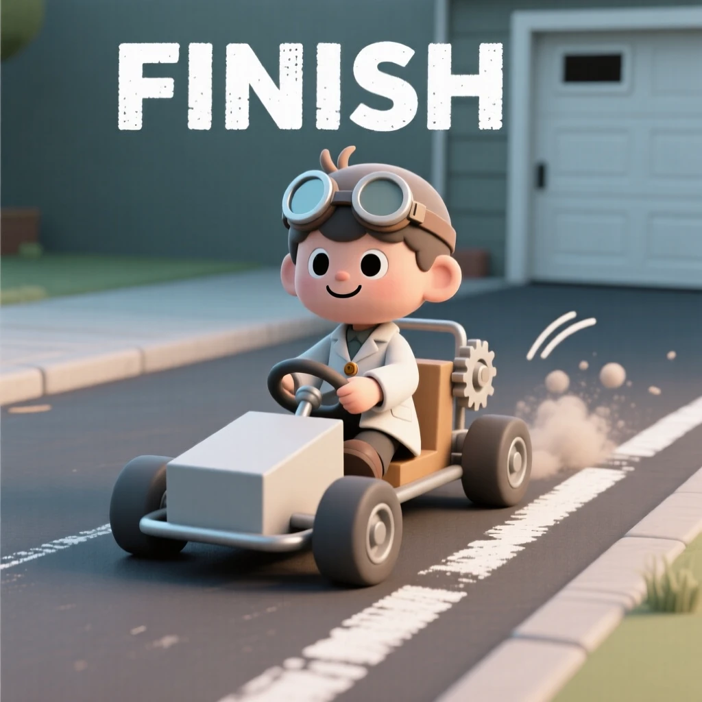 A proud young inventor's homemade go-kart rolls triumphantly across a chalk finish line in a driveway race.