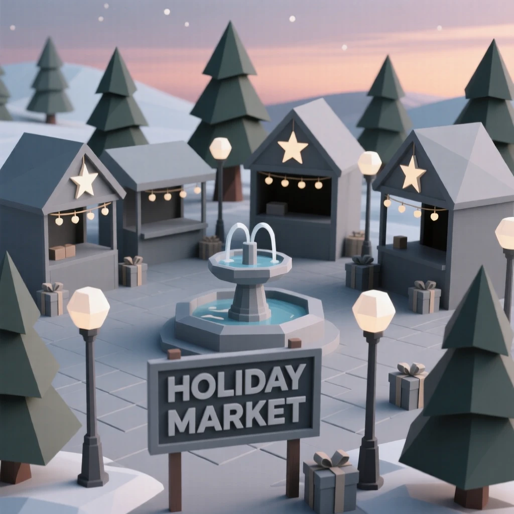 A festive market square decorated for winter holidays, as the last light of evening fades. rich seasonal colors bring the scene to life. The mood feels cozy and nostalgic.
