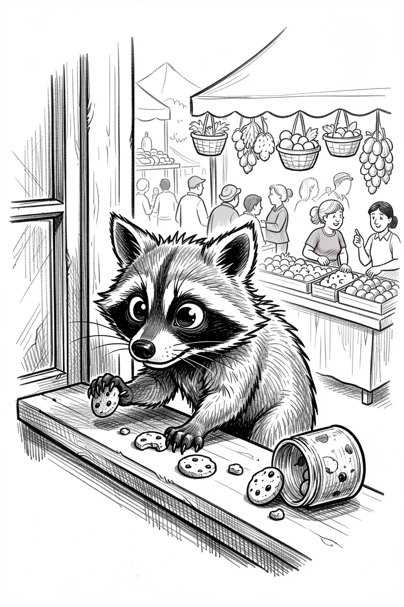 A raccoon sneaking cookies from a windowsill beside a bustling farmers market.
