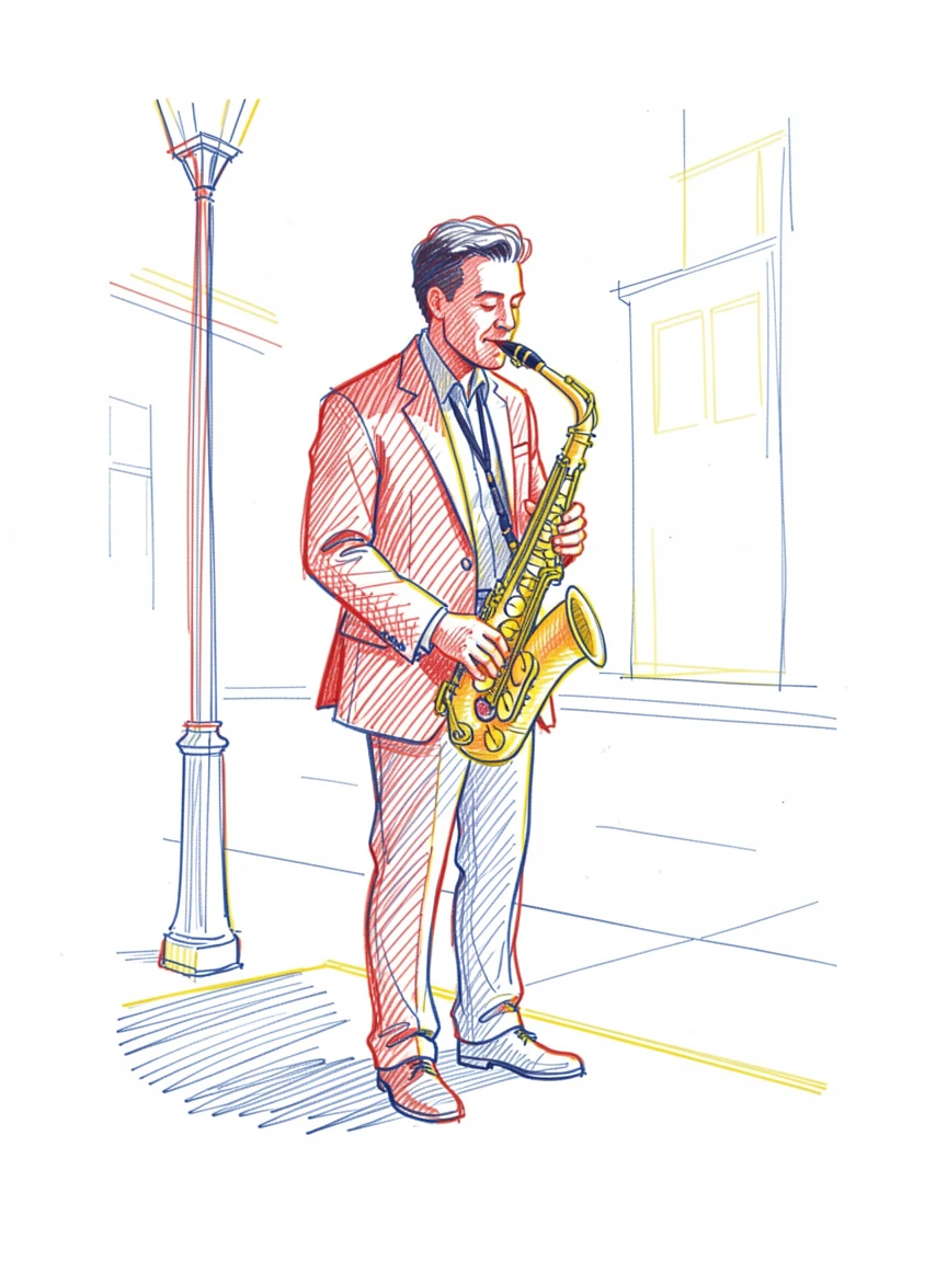 A saxophonist playing soulfully on a quiet street corner at dusk