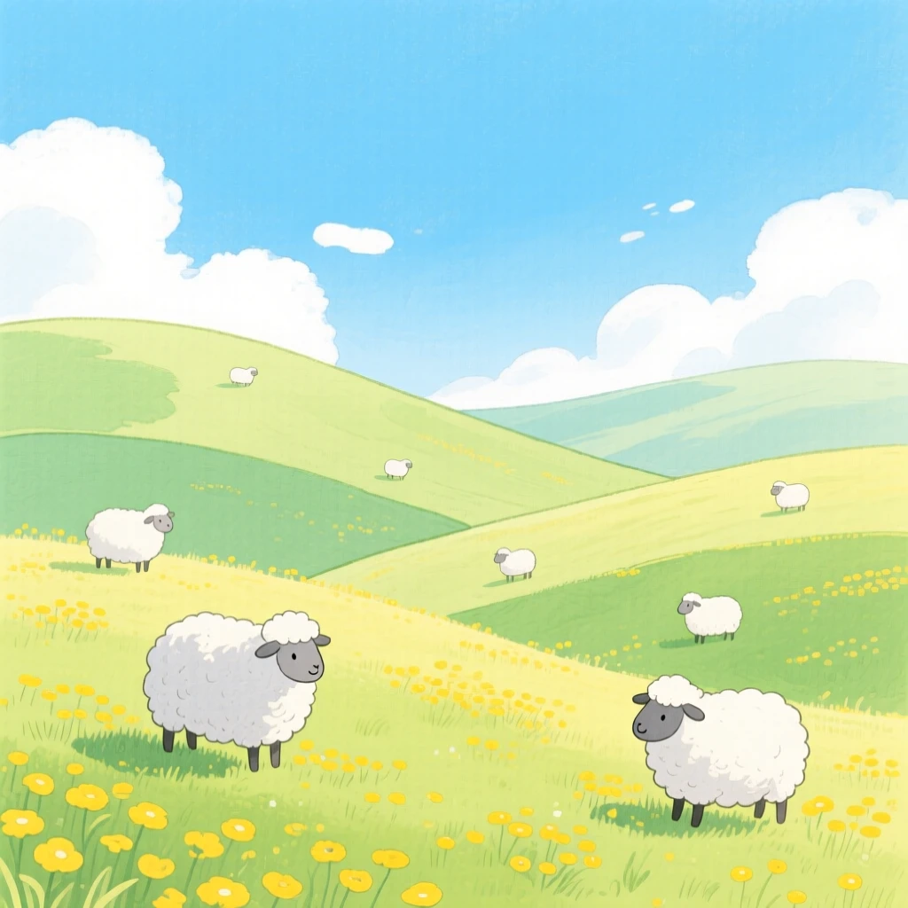 A panoramic scene of rolling hills dotted with grazing sheep in the height of summer.