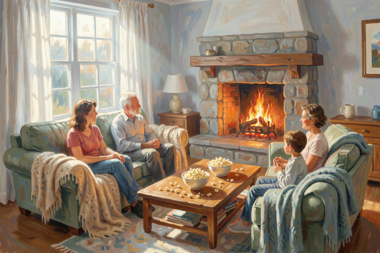 A cozy family movie night with blankets, popcorn, and a fire crackling in the background, in the gentle hush of early morning, radiating serenity and gentle stillness.