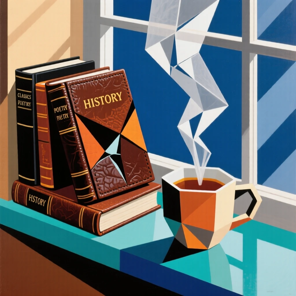A stack of leather-bound books beside a steaming cup of tea on a windowsill.