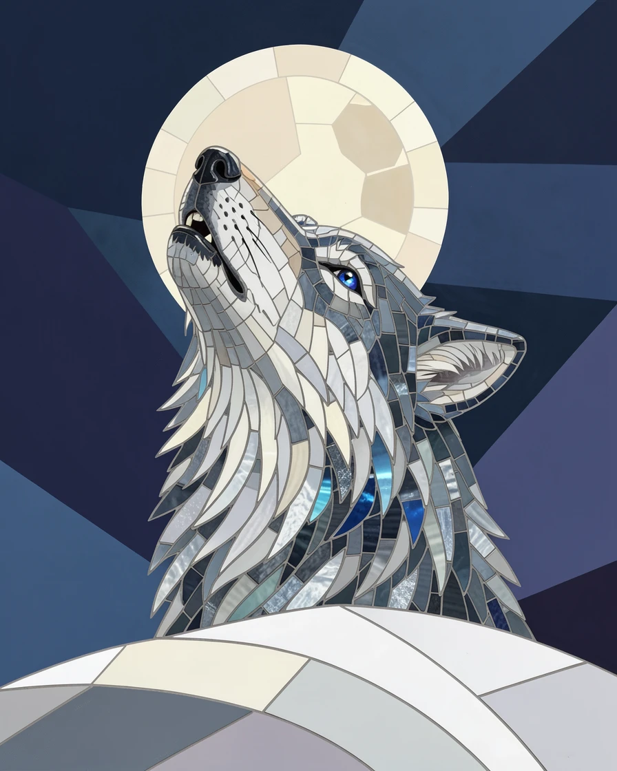 A close-up portrait of a lone gray wolf howling atop a snowy ridge under the moon, showing rich fur or feather detail and expressive eyes.