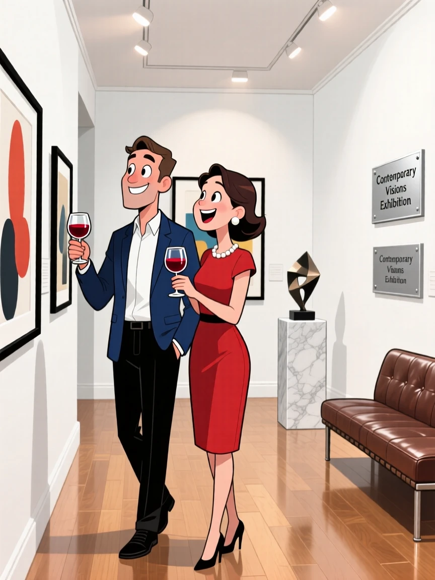An aspirational lifestyle scene of a well-dressed couple browsing an elegant art gallery with a glass of wine in hand, surrounded by understated luxury.