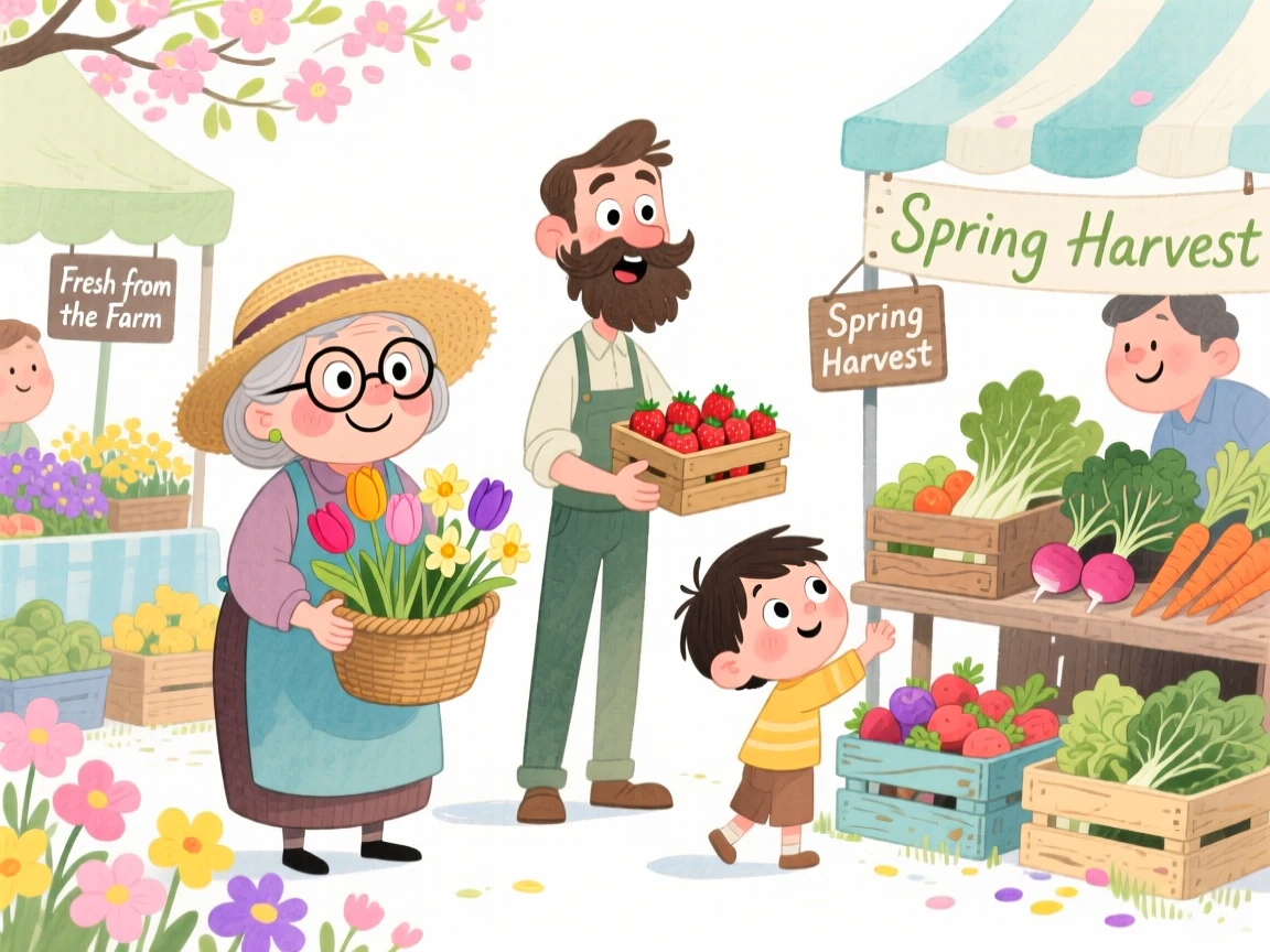 A charming seasonal scene of a spring farmers market bursting with fresh blooms and produce