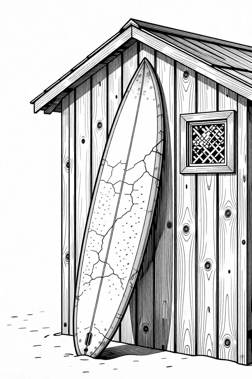 A weathered surfboard leaning against a beach shack