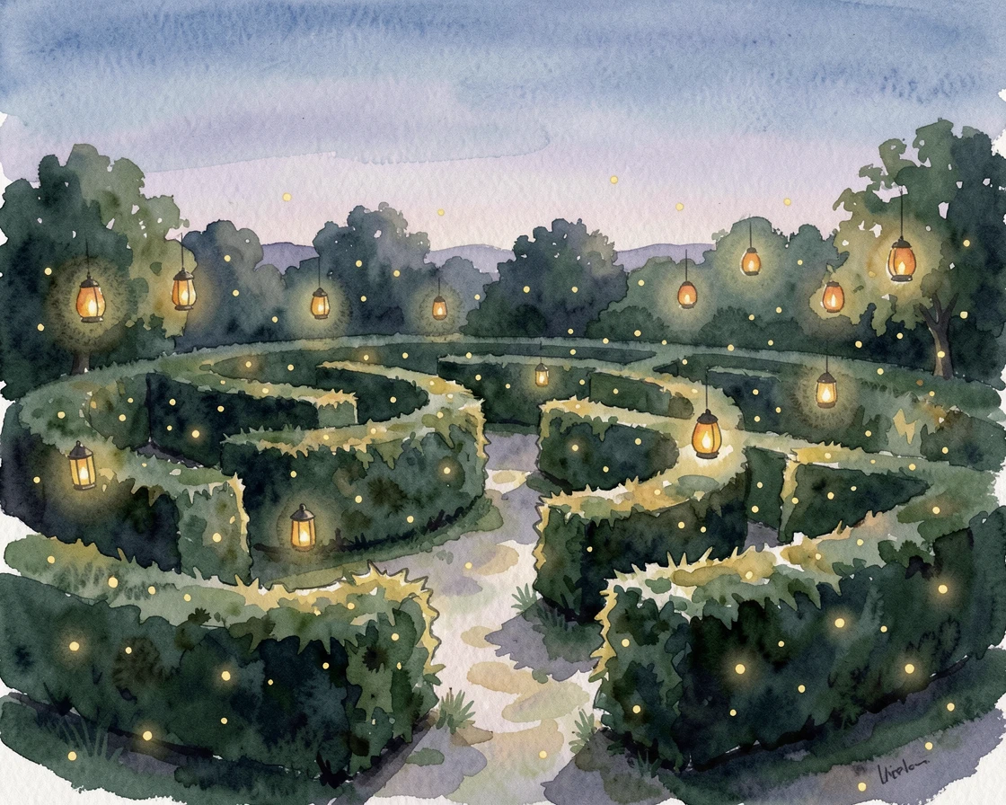 A castle garden maze glowing with fireflies with tiny lanterns floating like stars.