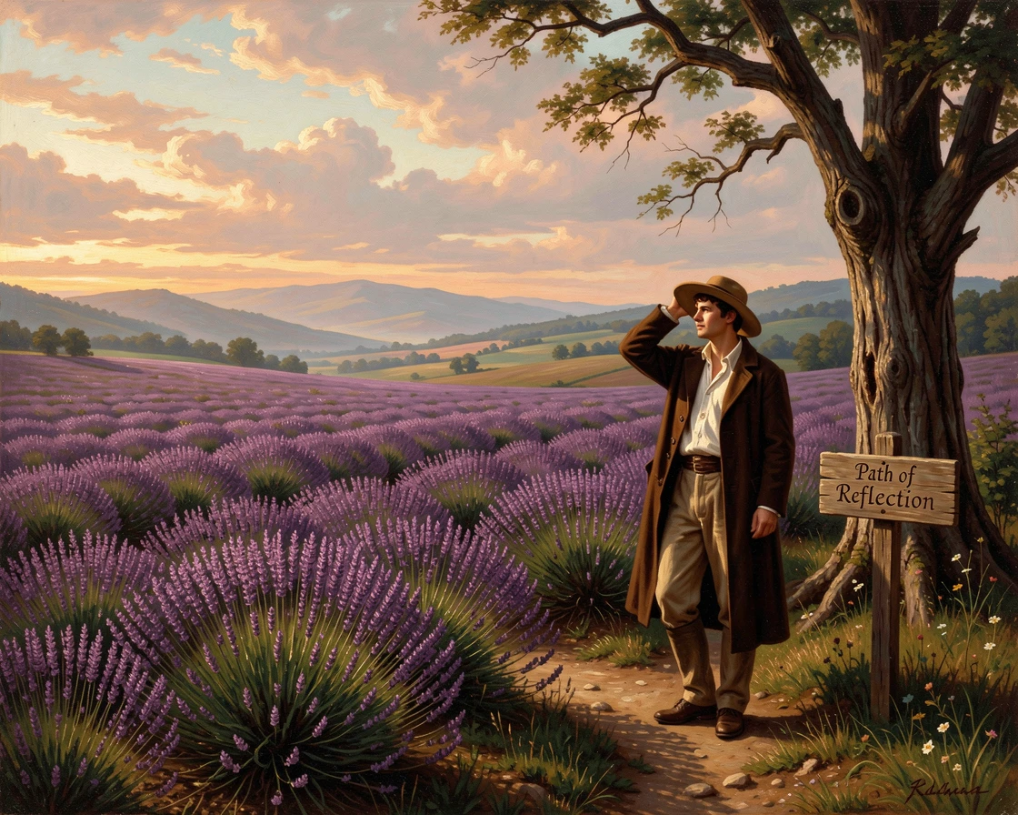 A lavender field rolling toward distant hills, with a solitary traveler pausing to take in the view.