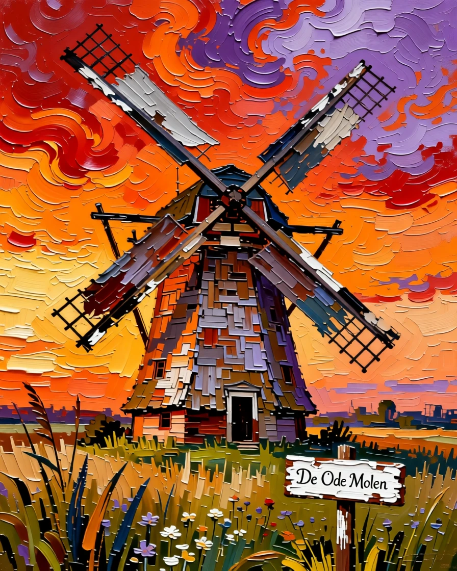 A weathered old windmill standing against a fiery orange sky in the Dutch countryside