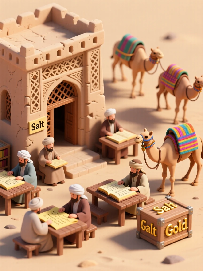 An ancient Timbuktu library with scholars poring over manuscripts, camel caravans arriving with salt and gold.