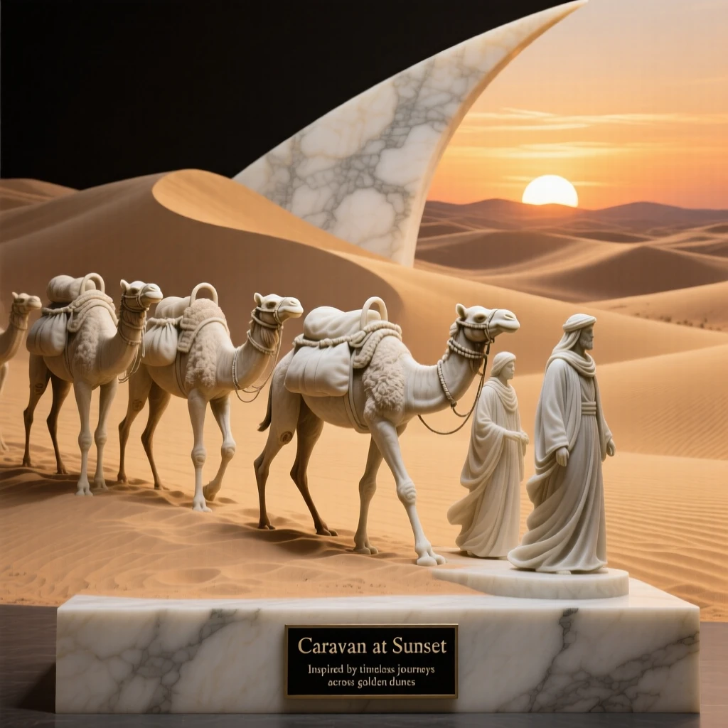 A beautifully composed image of a caravan crossing golden desert dunes at sunset, in a moment of quiet stillness, full of atmosphere and visual storytelling