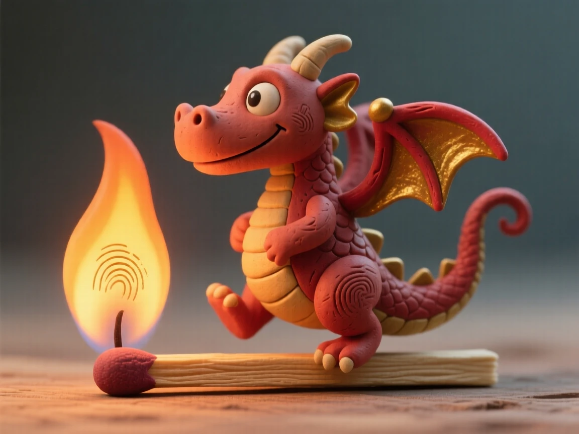 A single match flame that grows into a small dancing dragon