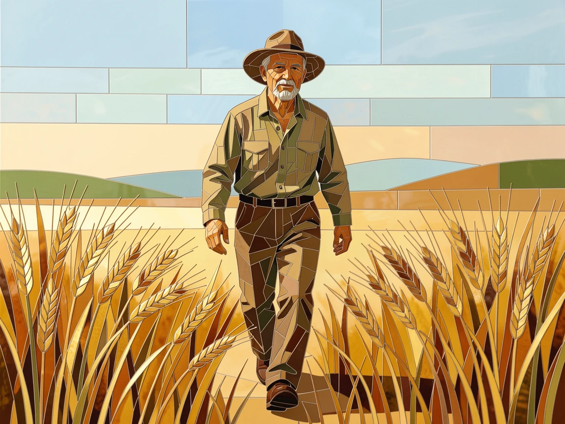 A warm, expressive portrait of a farmer walking through golden wheat fields at harvest time, with soft natural lighting and rich emotional detail.