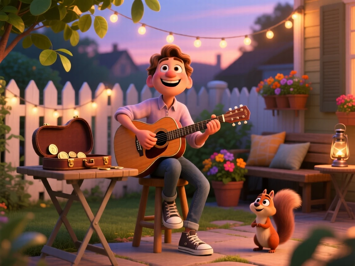 A musician playing joyfully on a street corner unfolds in a backyard strung with string lights, with a gentle breeze rustling nearby leaves. The atmosphere glows with gratitude and delight.