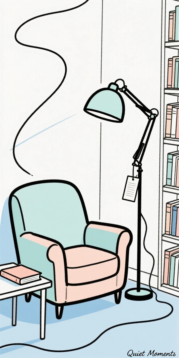 A quiet library corner with a reading lamp