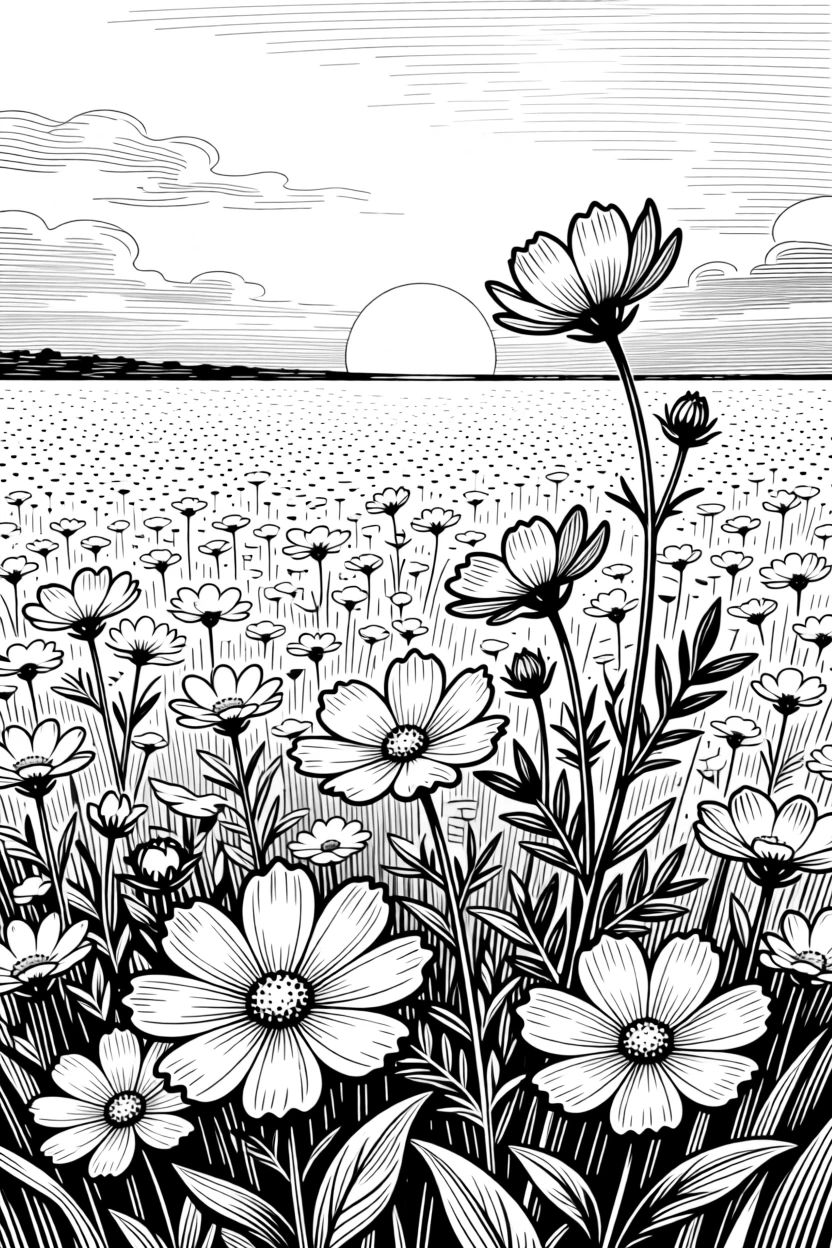 A blooming field of wildflowers stretching toward a glowing sunset sky.