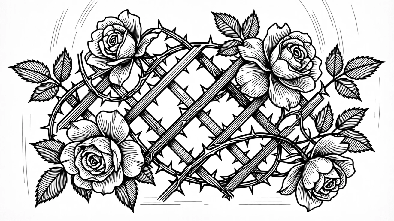 A lattice of climbing roses and thorns centered as a striking focal ornament, with graceful curves balanced by sharp geometric accents, forming a gracefully composed decorative composition.