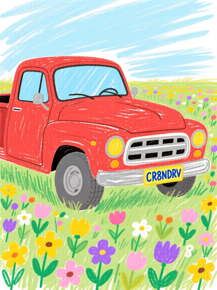A classic pickup truck parked beside a field of wildflowers.