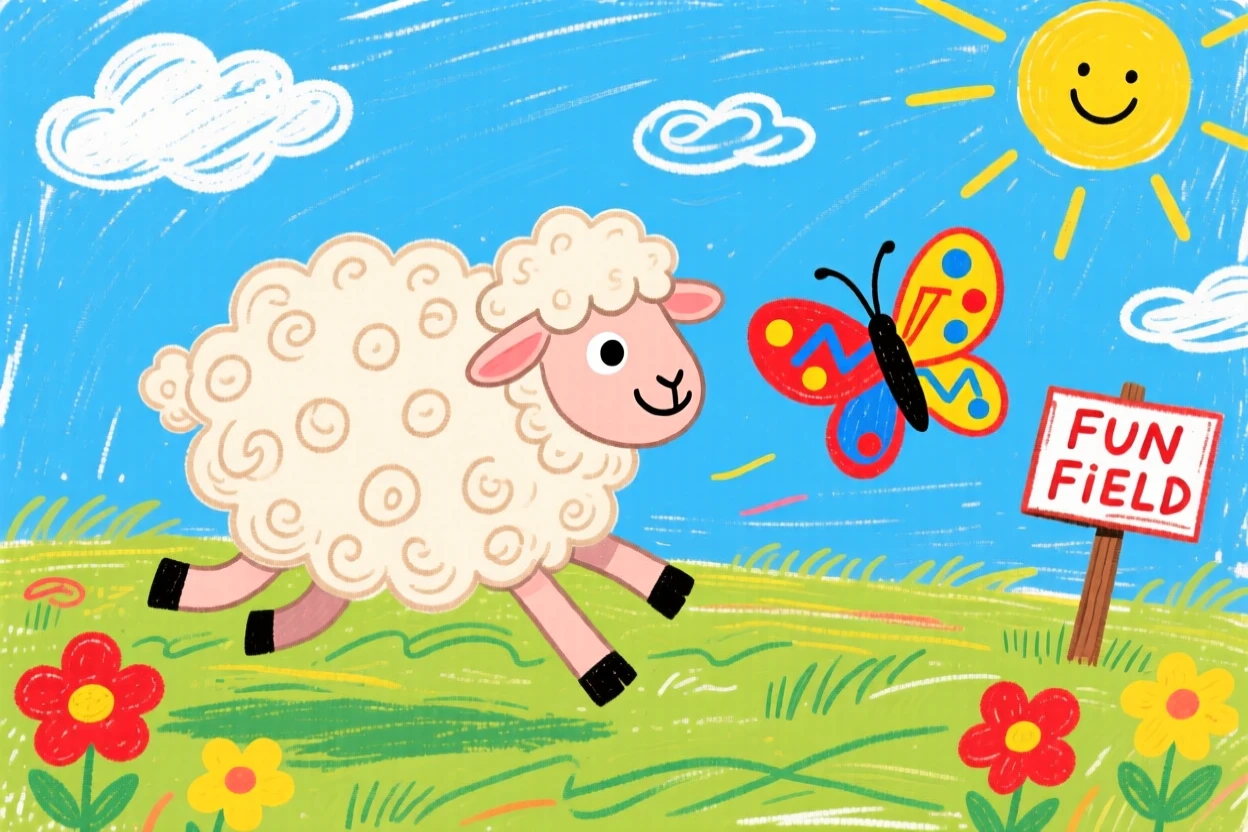 A woolly lamb chasing a butterfly across a sunny field.