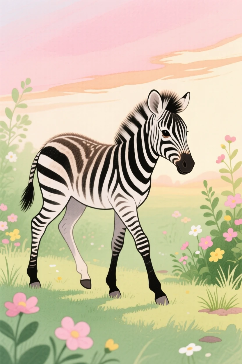 A close-up portrait of a zebra foal learning to walk in a quiet garden at dawn.