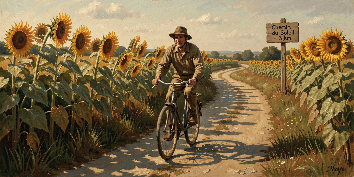 A cyclist riding along a scenic countryside road lined with sunflowers, as dramatic natural light enhances the excitement of the journey, designed to transport the viewer straight into the journey